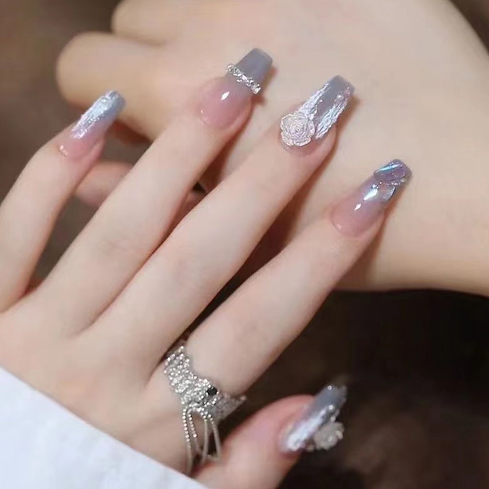 2474 YUKEHUI bộ móng tay giả set móng giả trong suốt móng tay giả đính nơ móng tay giả dài đính đá móng giả đẹp bộ móng tay giả đính đá móng tay giả đính đá ngắn móng tay giả kèm keo  set 24 móng tay giả