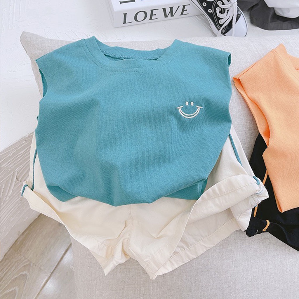 Đồ Bộ Bé Trai LILA KIDS, Bộ Sát Nách Thêu Miệng Cười Phối Quần Viền Cho Bé Từ 7-28kg