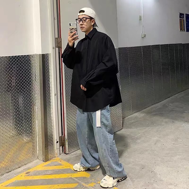 Áo Sơ Mi Trơn Tay Dài Dáng Rộng Thoáng Khí Phong Cách Hip Hop Đường Phố Hàn Quốc Cho Nam