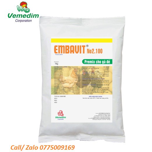 EMBAVIT No.2.100 Premix vitamin, axit amin, khoáng cho gà đẻ, giúp gà mau lớn, đẻ sai, gói 1kg, Vemedim