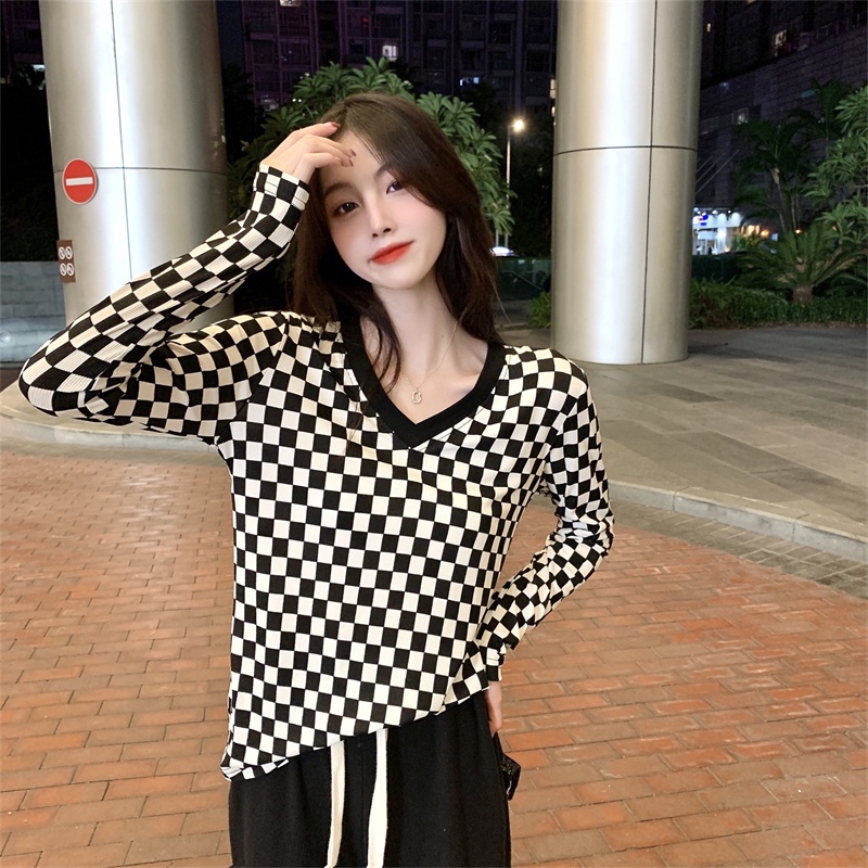 Áo thun ZHELIHANGFEI tay dài cổ chữ V họa tiết sọc caro thời trang