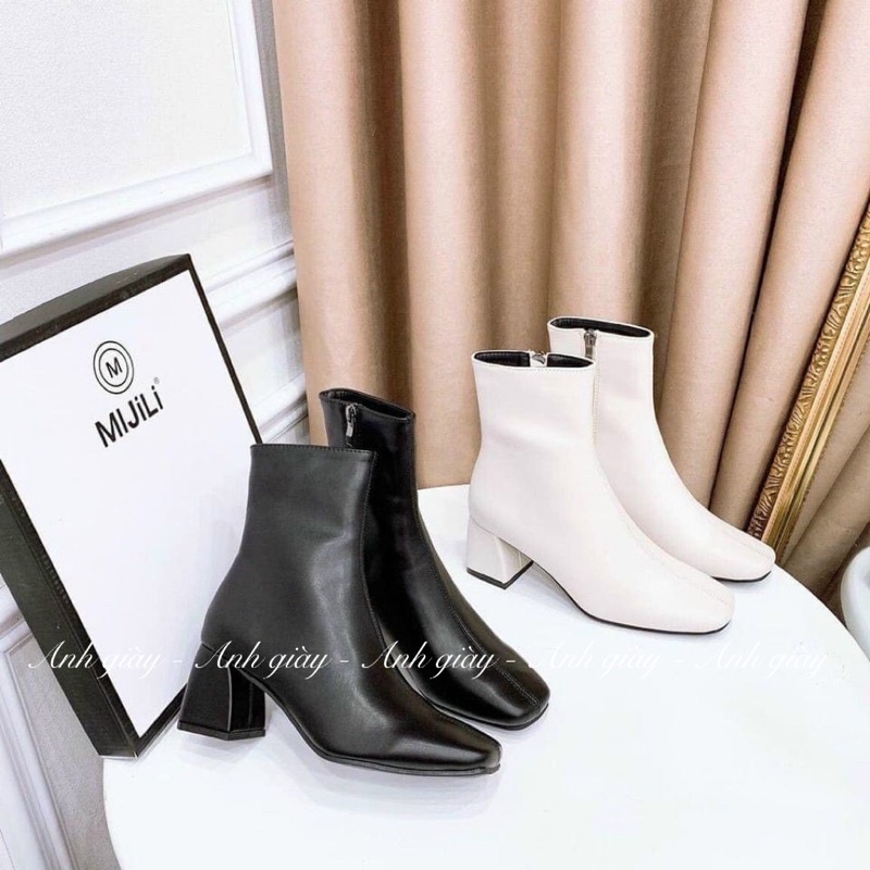 B23 - Bốt lửng cao cổ mũi vuông da lì khoá cạnh 5p hàng hộp xịn MIDiLi quảng châu cao cấp chuẩn hàng L1 gót vuông 5p