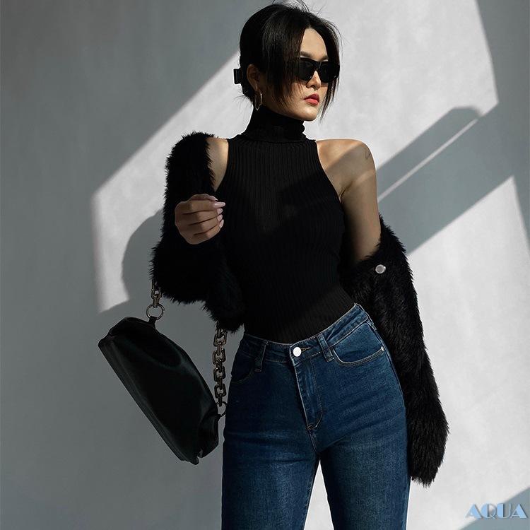 Áo Dệt Kim Sát Nách Cổ Cao Màu Trơn Dáng Ôm Thời Trang Mùa Hè Cho Nữ