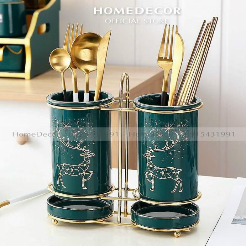 Ống cắm đũa sứ xanh khung thép mạ vàng | BigBuy360 - bigbuy360.vn