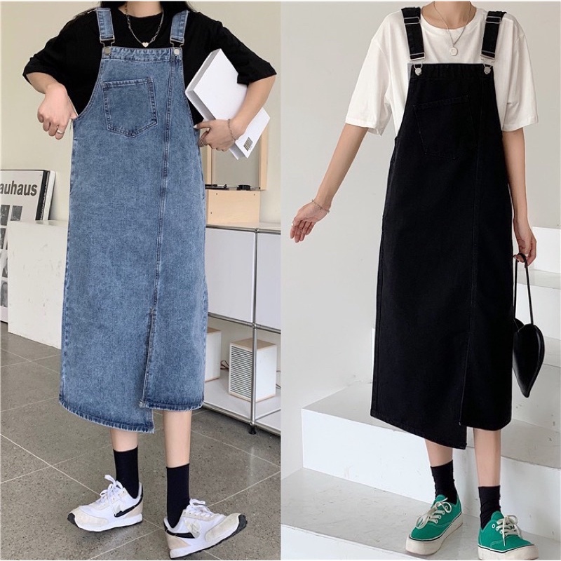 yếm váy nữ dáng dài demin váy yếm bò nữ dài sẻ trước thời trang Hàn quốc trẻ trung