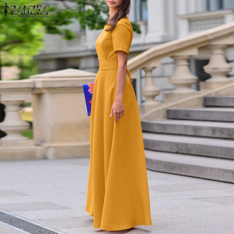 Zanzea đầm maxi tay ngắn cổ tròn màu trơn thời trang tinh tế cho nữ