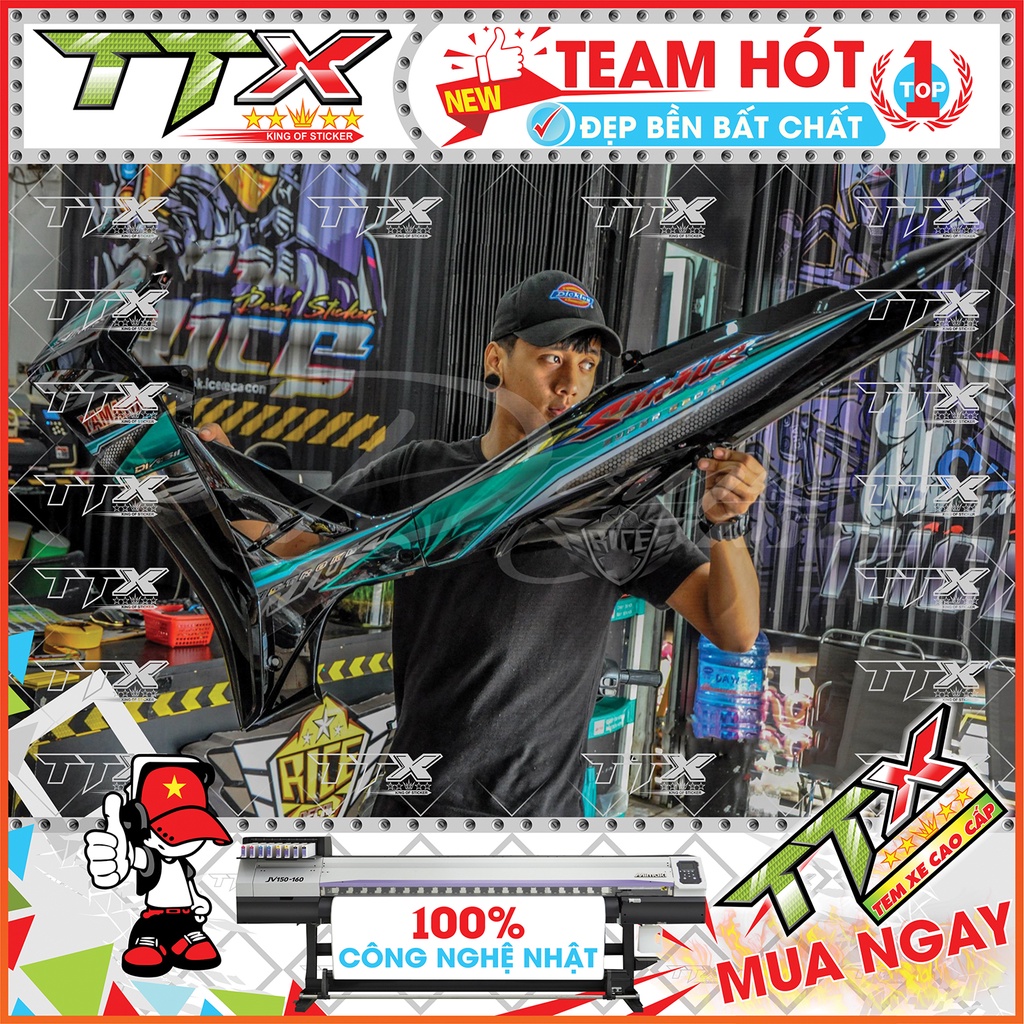 Tem rời sirius lốc xoáy cuộn , Team chế sirius dán xe màu xanh nền đen siêu đẹp , Shop TTX Tem xe sirius mã (S0026/00)