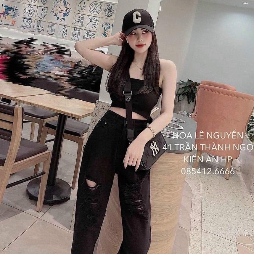 Quần jean nữ baggy rách gối kiểu DT chất liệu vải jean tốt, lưng cao phong cách