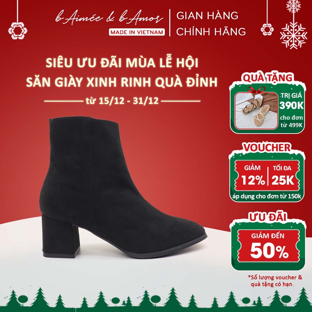 Bốt nữ cổ thấp da lộn da mờ cao gót 5p gót vuông mũi vuông dáng boots lửng ngắn khóa cạnh bAimée & bAmor - MS1718