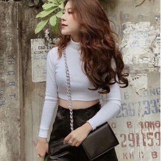Áo thun gân nữ TAY DÀI CỔ LỌ TRƠN croptop