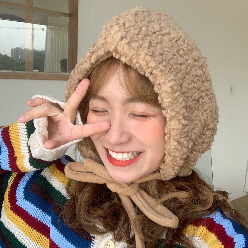 Mũ beanie lông cừu màu trơn chống gió có tai giữ ấm mùa đông cho nữ
