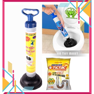 Combo Bơm thụt thông tắc nghẹt bồn cầu và bột thông tắc cống Tictac 100g