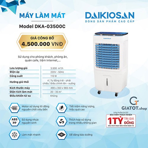 Quạt điều hòa làm mát không khí chính hãng DAIKIOSAN model DKA 3500C
