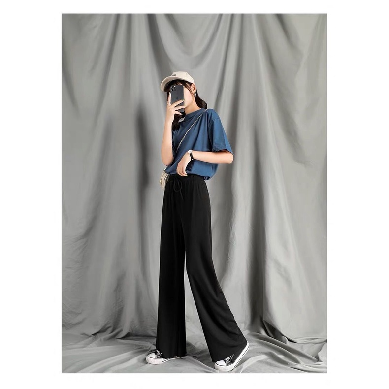 Quần dài BH lưng cao ống rộng màu trơn kiểu dáng thời trang cho nữ