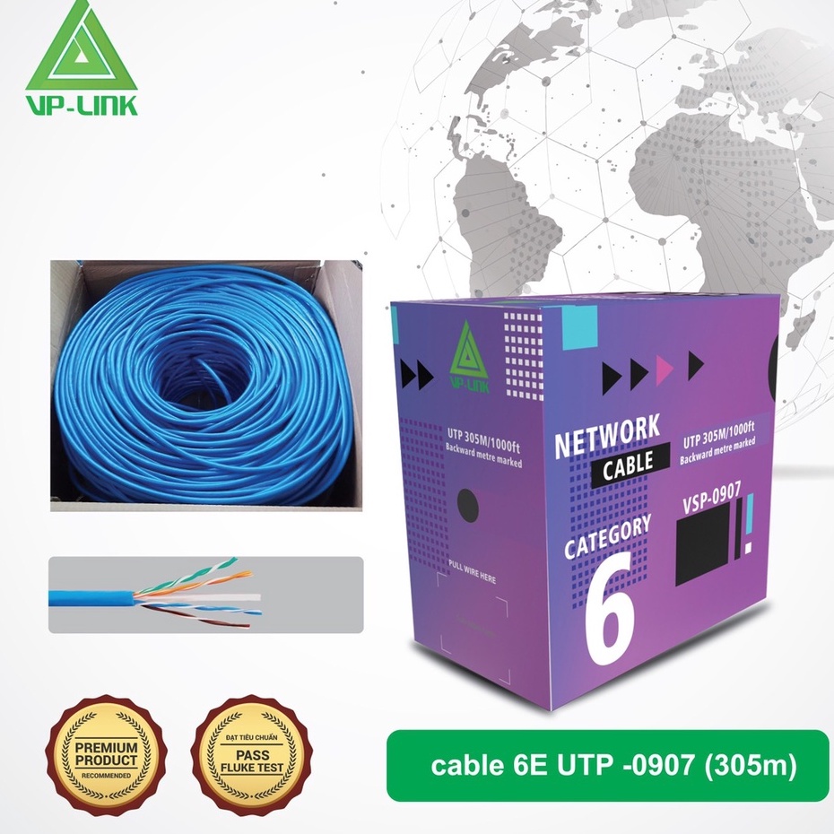 Cable LAN VISION 0907 UTP CAT 6E (305m, Xanh dương, Lõi chữ thập) - Cáp mạng