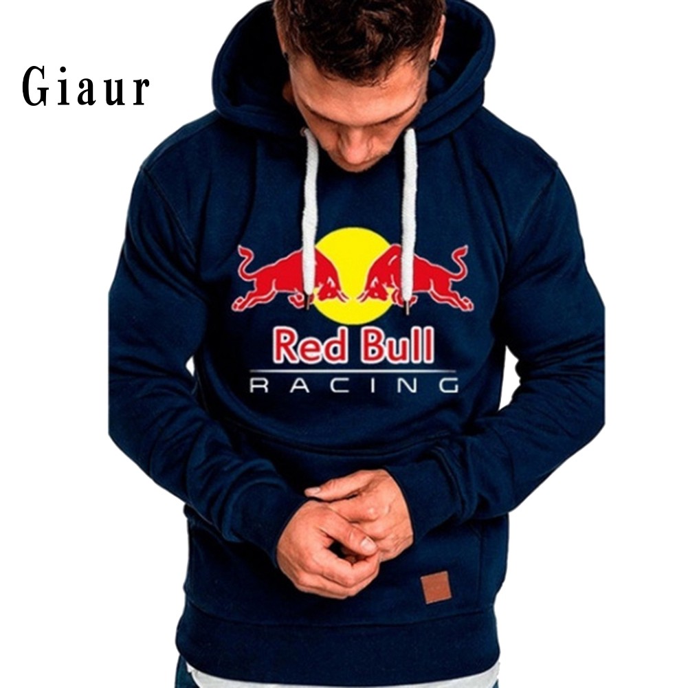 GIAUR  Outdoor Sport Men Red Bull Print Drawstring Hoodie Long Sleeve Hooded Sweatshirt
