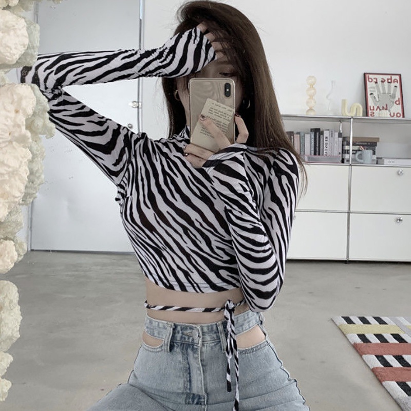 IELGY Áo Thun Lửng Tay Dài Hở Lưng Ôm Dáng In Họa Tiết Ngựa Vằn Cho Nữ