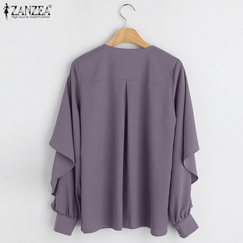 ZANZEA Áo Sơ Mi Nữ Tay Dài Cổ Chữ V Màu Trơn Cài Khuy Đơn Giản Thời Trang