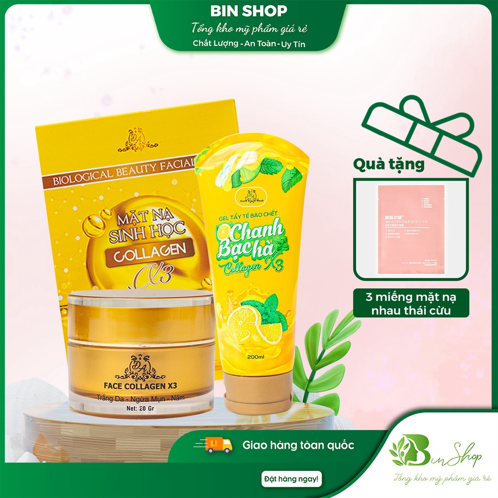 Bộ sản phẩm Kem dưỡng Collagen X3 20gr + Tẩy Tế bào chết Chanh Bạc hà Collagen X3 200ml + Mặt nạ Sin