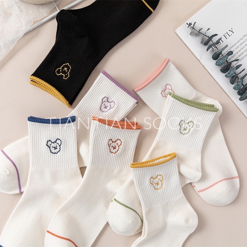 TIAN TIAN  T082 Hàng Tất nữ cổ cao vớ  cao cấp Vớ ống vừa màu trắng hình gấu hoạt hình dễ thương thời trang mùa xuân Hàn Quốc