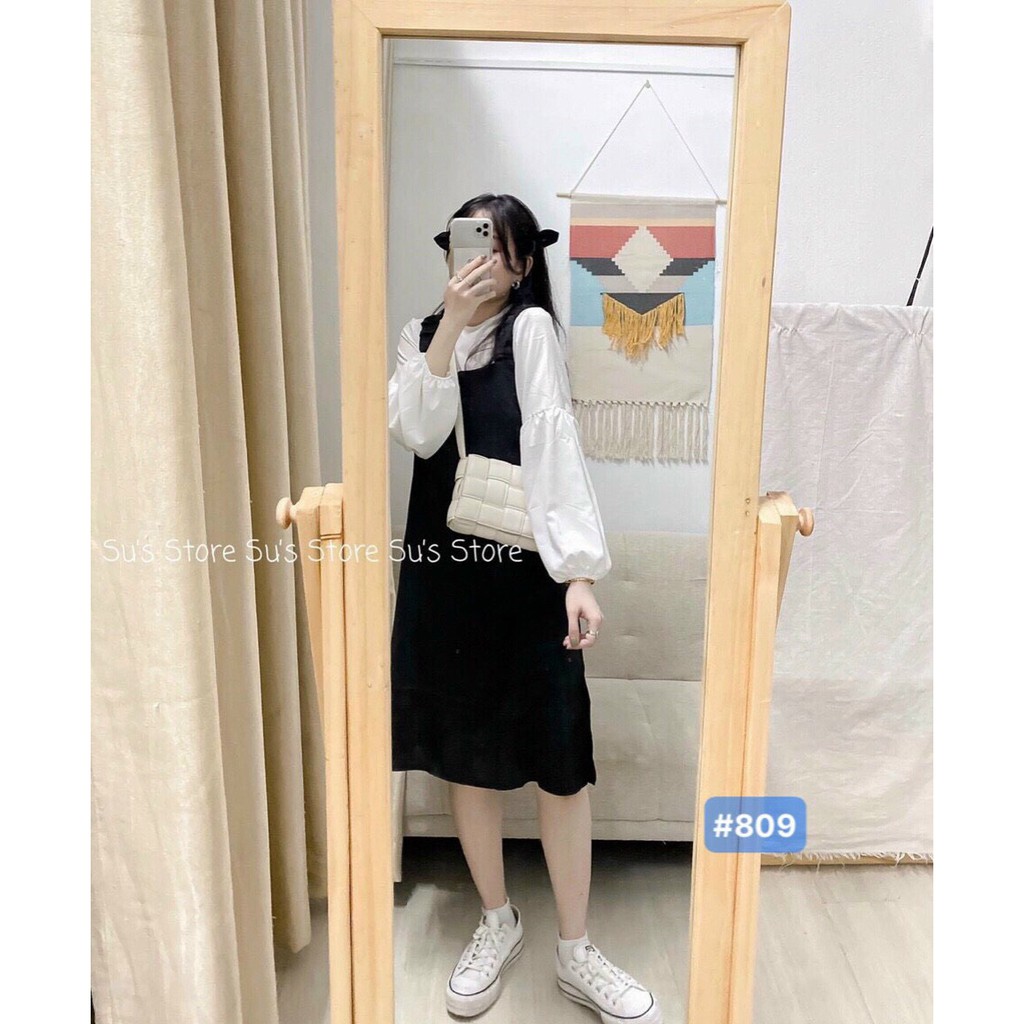 Set Váy Yếm kèm áo Sơ Mi tay bồng KT10 bộ Đầm xuông dễ thương Bộ áo váy phong cách Hàn Quốc