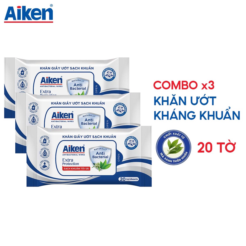 Combo 3 khăn ướt sạch khuẩn Aiken chiết xuất trà xanh 20 tờ / gói