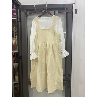 Set Ulzzang áo sơ mi váy yếm thô