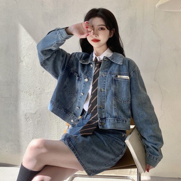 Set áo khoác denim + chân váy lưng cao Xiaozhainv phong cách retro (Có bán lẻ) | BigBuy360 - bigbuy360.vn