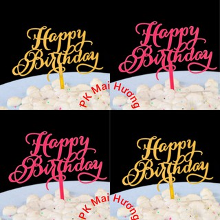 Phụ Kiện Trang Trí Bánh Sinh Nhật Bánh Kem - COMBO 10 thẻ Meka HAPPY BIRTHDAY cong kiểu mới vàng, hồng