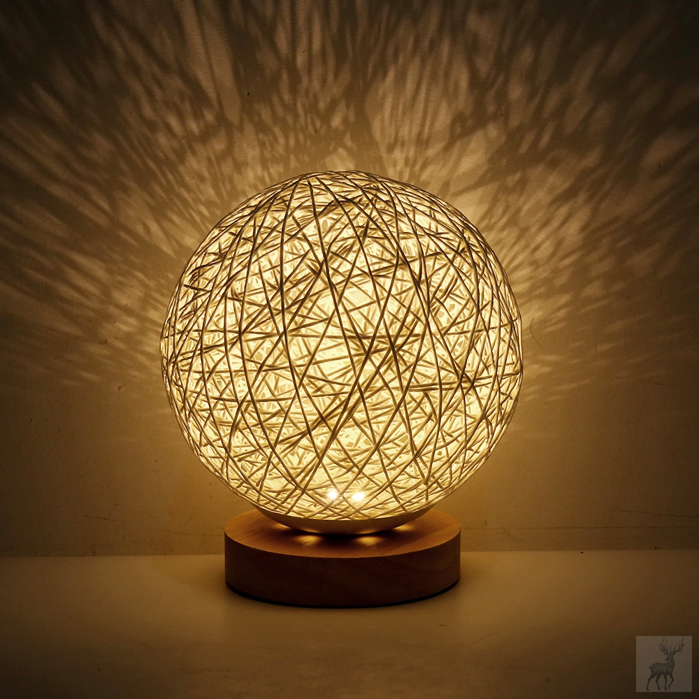 3W USB Moon Table Lamp Dimmable Hand-Knit Lampshade Wood Moon Lamp Bedroom Home Wedding Decoration Moonlight Beside Night Light