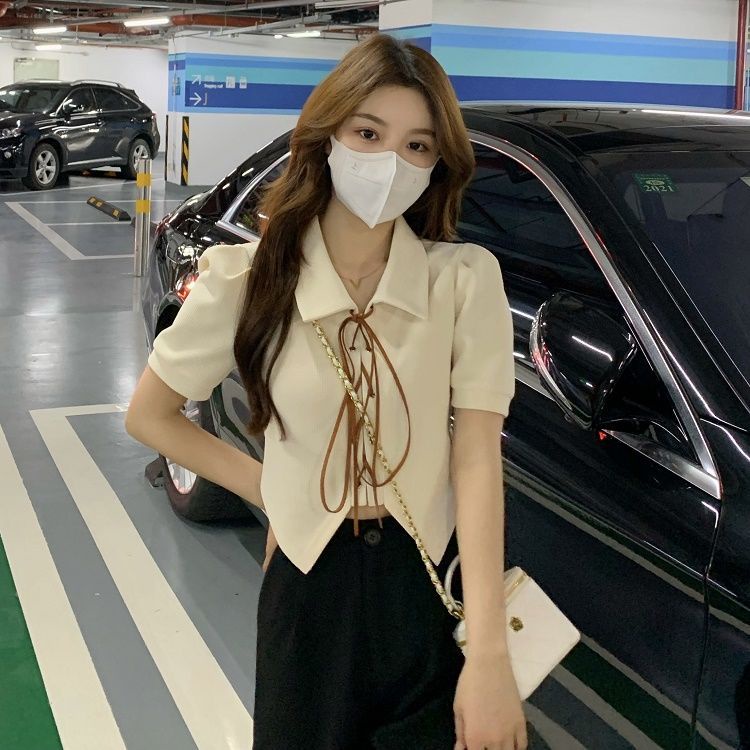 Áo Sơ Mi Tay Ngắn Cổ Polo Thiết Kế Thắt Dây Độc Đáo Thời Trang Hàn Quốc Cho Nữ