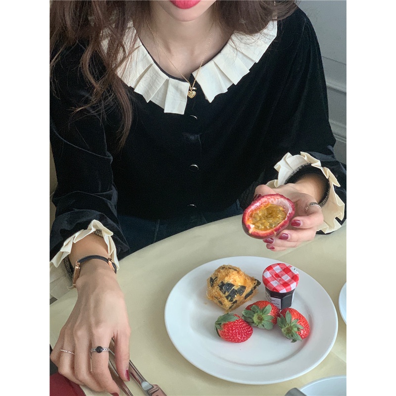 Áo sơ mi peppermint 48427 tay dài chất liệu nhung mềm mại phong cách ngọt ngào cho nữ