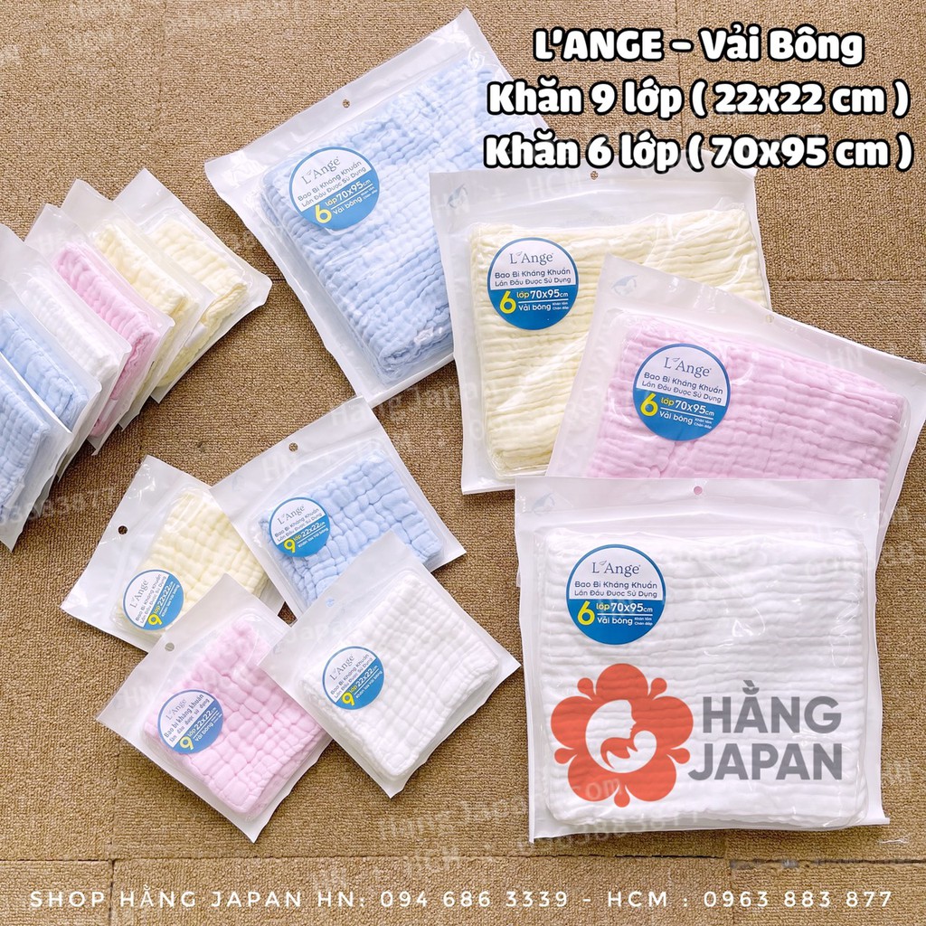 Khăn tắm/sữa vải bông L'ANGE 9 lớp (22*22cm)/ 6 lớp (70*95cm) cho bé  hàng chính hãng