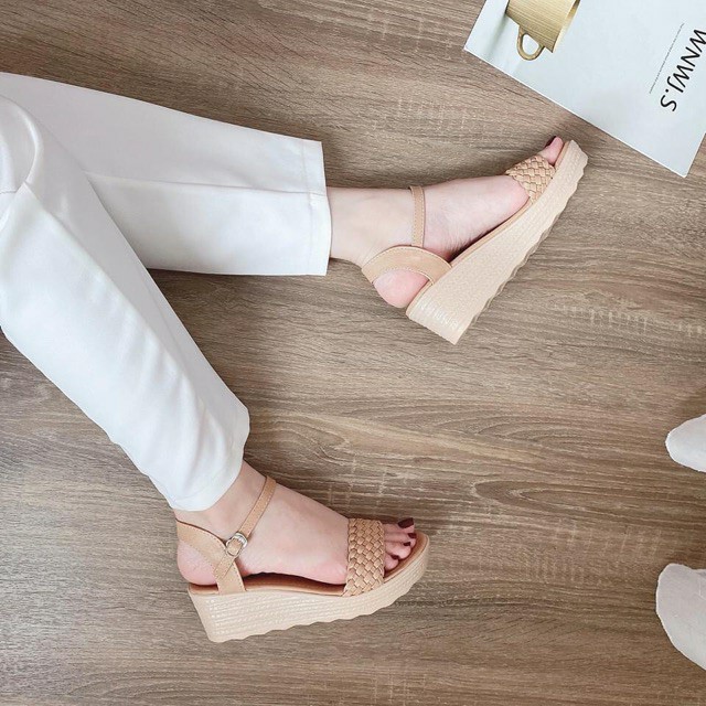 Sandal nữ đế xuồng 5p quai tết bím đế Pu giả cói siêu xinh