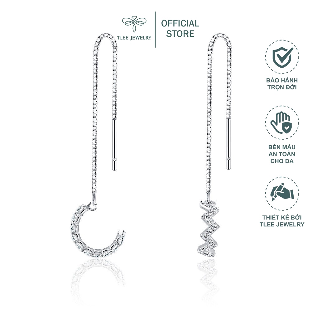 Khuyên tai bạc nữ TLEE dáng kẹp ziczac nạm đá tua dài nữ tính TleeJewelry B0202