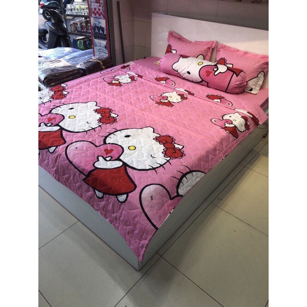 Bộ Chăn Ga Cotton Poly Kitty Hồng Nhạt 5 Món