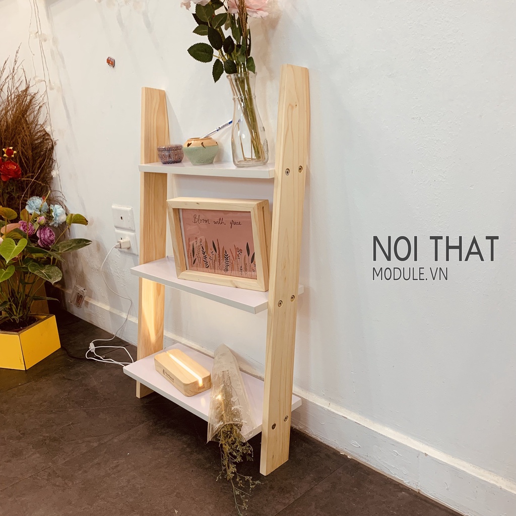 Kệ gỗ decor trang trí phòng, kệ gỗ hình thang 5 tầng mầu trắng hiện đại