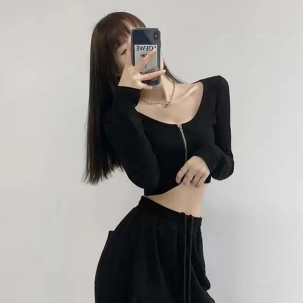 Happy-store ❤️ Áo croptop tay dài dây kéo thun gân - Crt dài tay dây kéo chất đẹp
