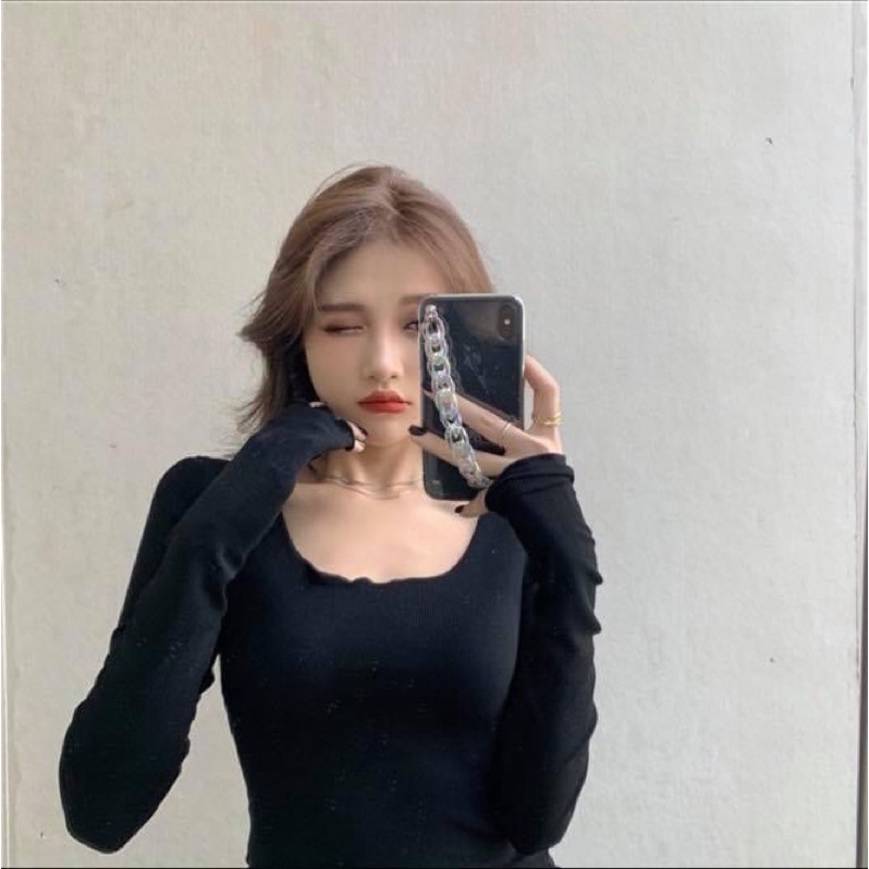 Áo thun tay dài ôm body kiểu nữ vạt chéo xẻ tà trơn cổ tròn - Order taobao quảng châu