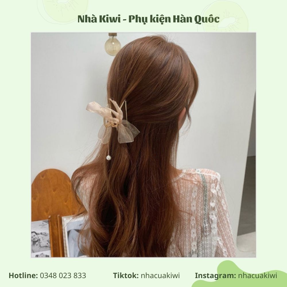 Kẹp càng cua phối nơ ren tua rua đá phong cách tiểu thư Hàn Quốc