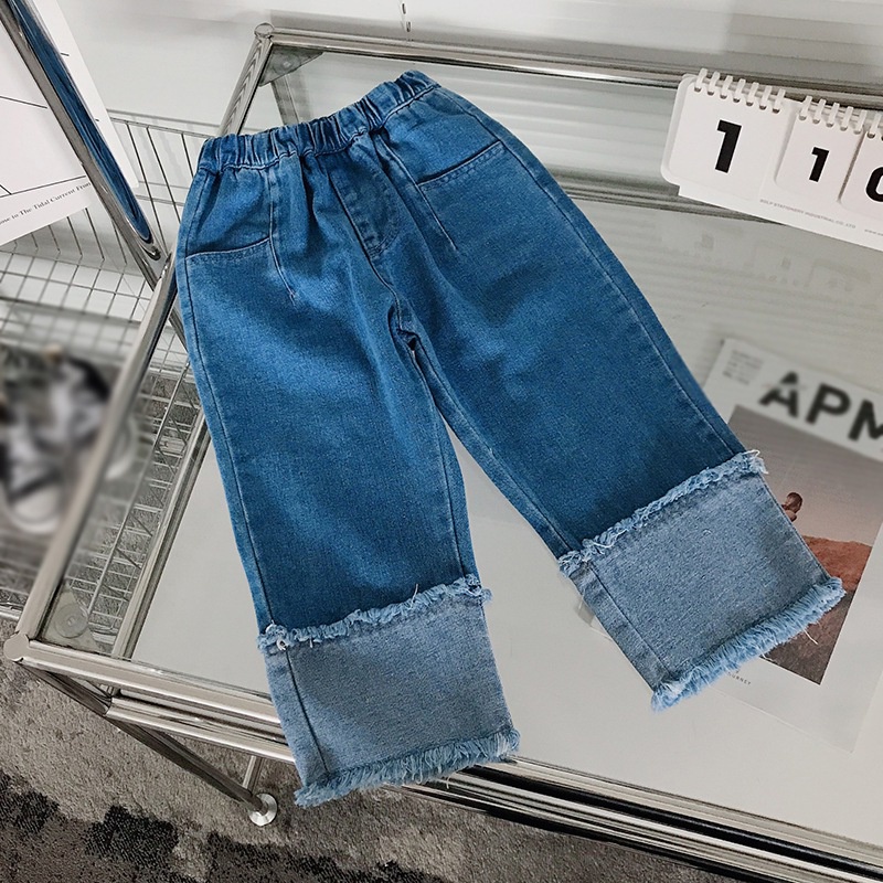Quần Jeans Ống Rộng Lưng Thun Mềm Thời Trang Hàn Quốc Cho Bé Gái