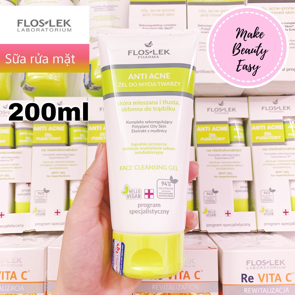 Floslek Sữa Rửa Mặt Dạng Gel Cho Da Nhờn Mụn Anti Acne Bacterial Face Cleansing Gel 125ml 200ml