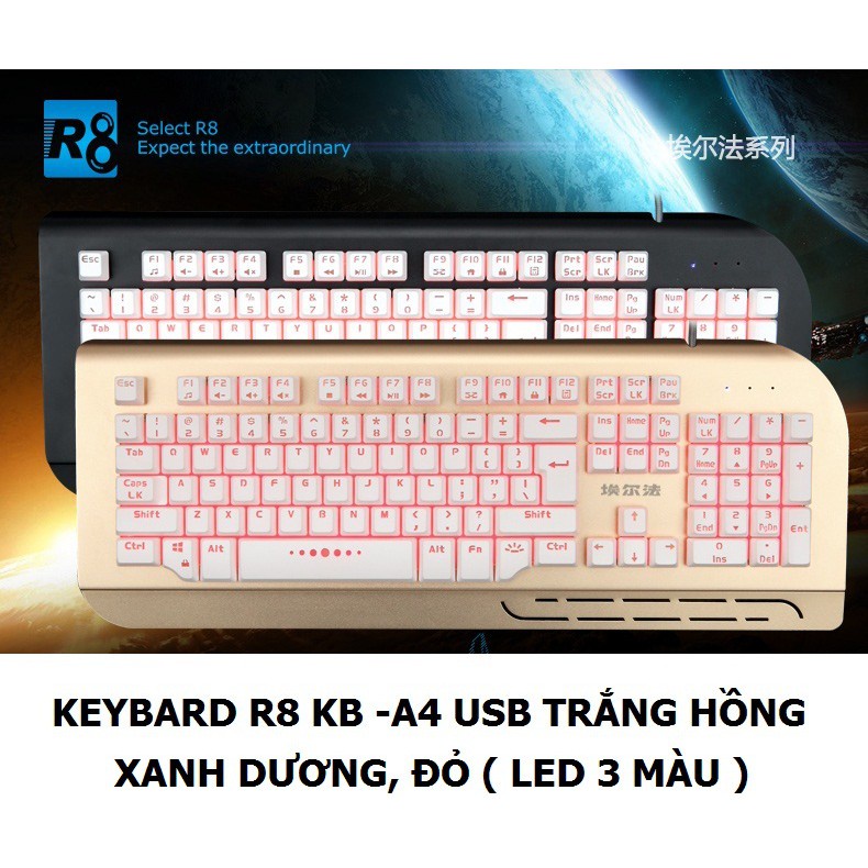 Bàn phím giả cơ R8 1853/ A4- Màu siêu đẹp, có đèn led - Hàng chính hãng 100%, Full Box