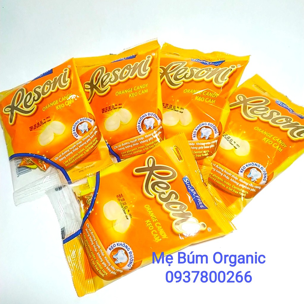 [ HCM Giao Hỏa Tốc] Kẹo Cam Không đường  Resoni túi 60g - Kẹo dành cho người tiểu đường, ăn kiêng.