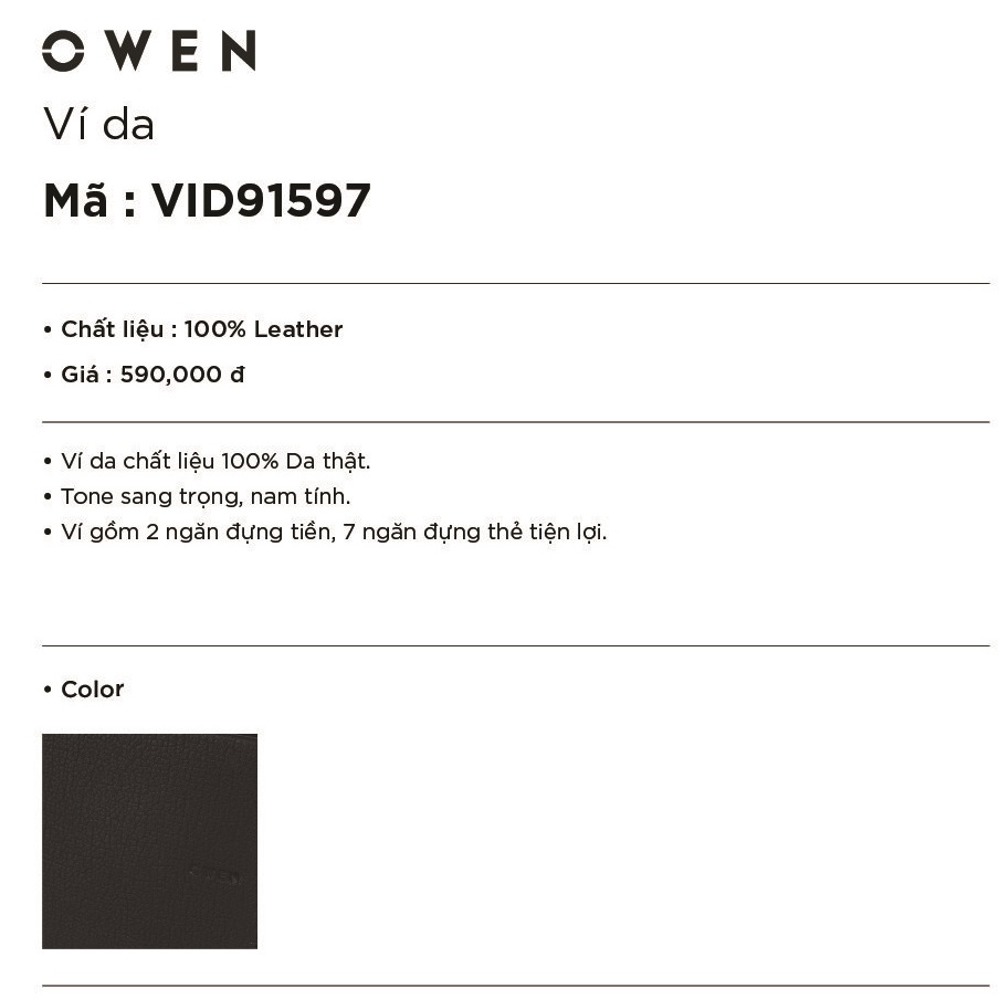 OWEN - Ví da nam Owen VID91597 - Ví ngang - Chất liệu da thật - Màu đen