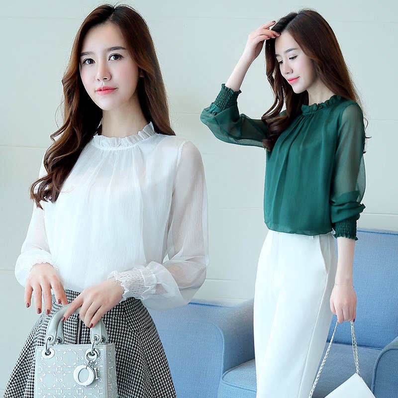Áo Kiểu Vải Voan Tay Dài Dáng Rộng Phối Lưới Màu Trắng Thời Trang Hàn Quốc Quyến Rũ Cho Nữ Size S-2xl