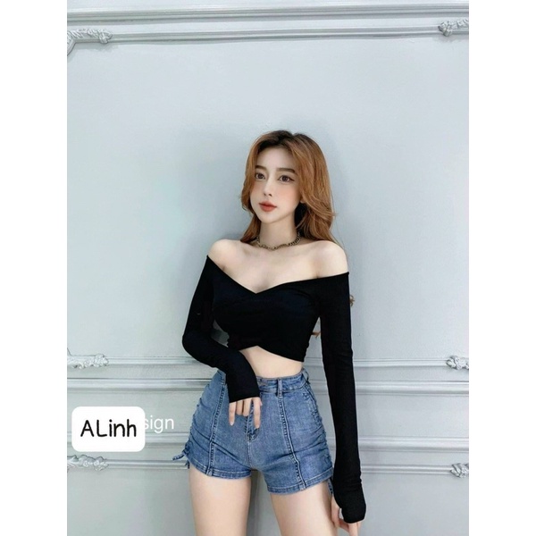 Áo Croptop Tay Dài Đắp Chéo Trễ Vai Ôm, thun borip xịn ạ ☺️☺️☺️Ng