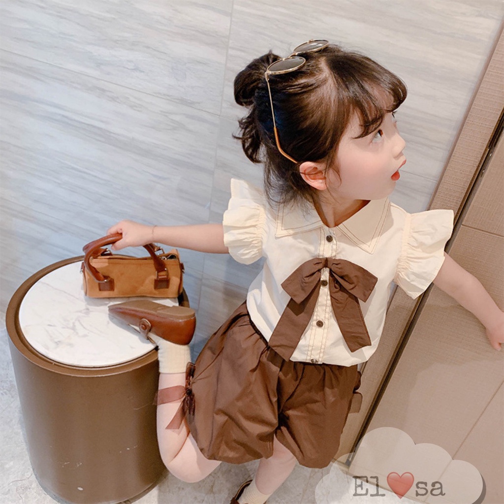 Đồ bộ bé gái -Bộ áo nơ mix quần ngố phồng Style Hàn siêu xinh cho bé gái 1-5 Tuổi