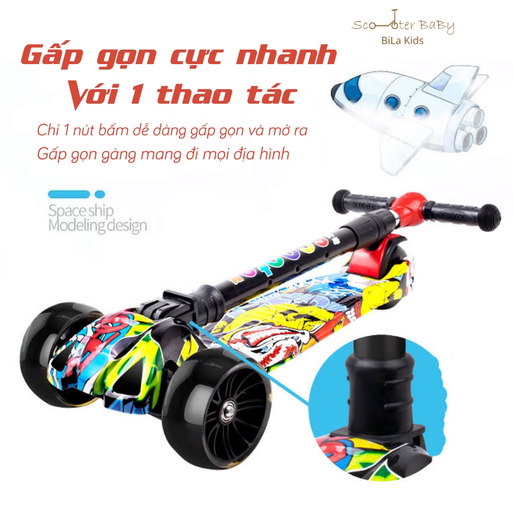 Xe Scooter cho bé trượt Graffiti BILA KIDS Có Nhạc Có Đèn, Gấp gọn thông minh bánh xe phát sáng, đồ chơi trẻ em