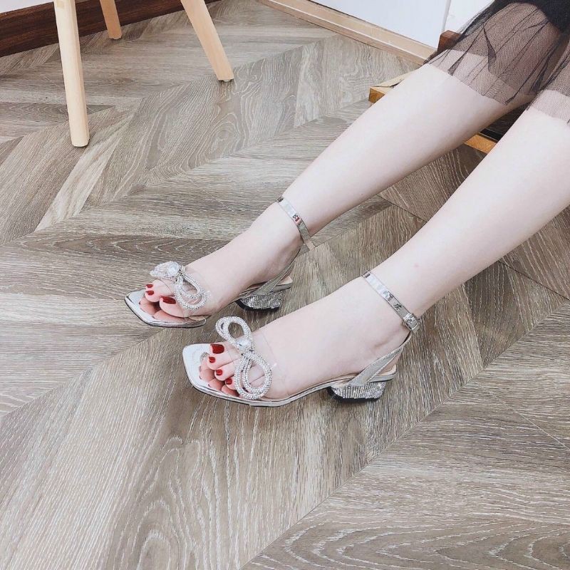 Giày sandal quai trong nơ đá gót bọc đá siêu sang chảnh gót 3p